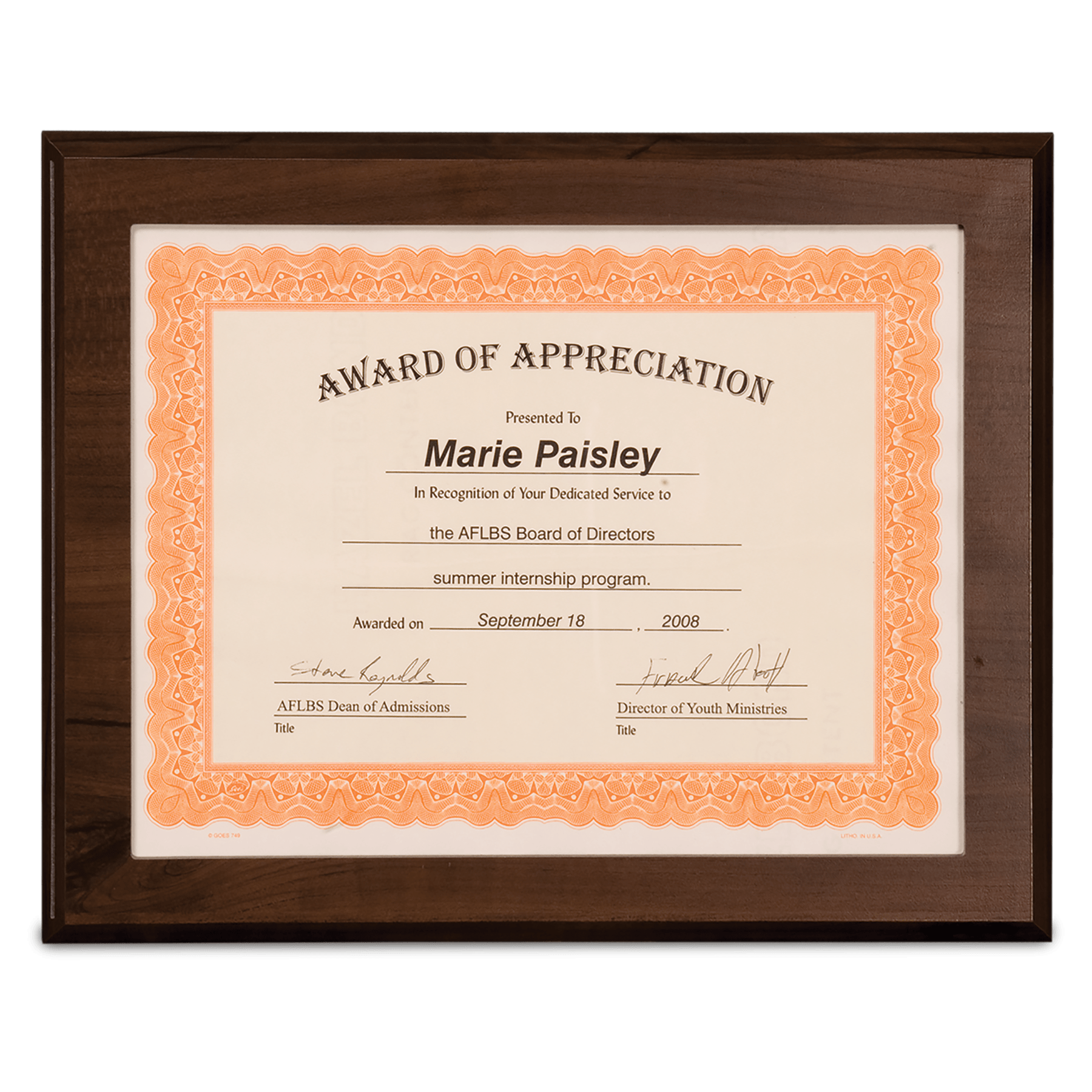 Certificate Slide-In Cherry Plaque 8.5" x 11" Window