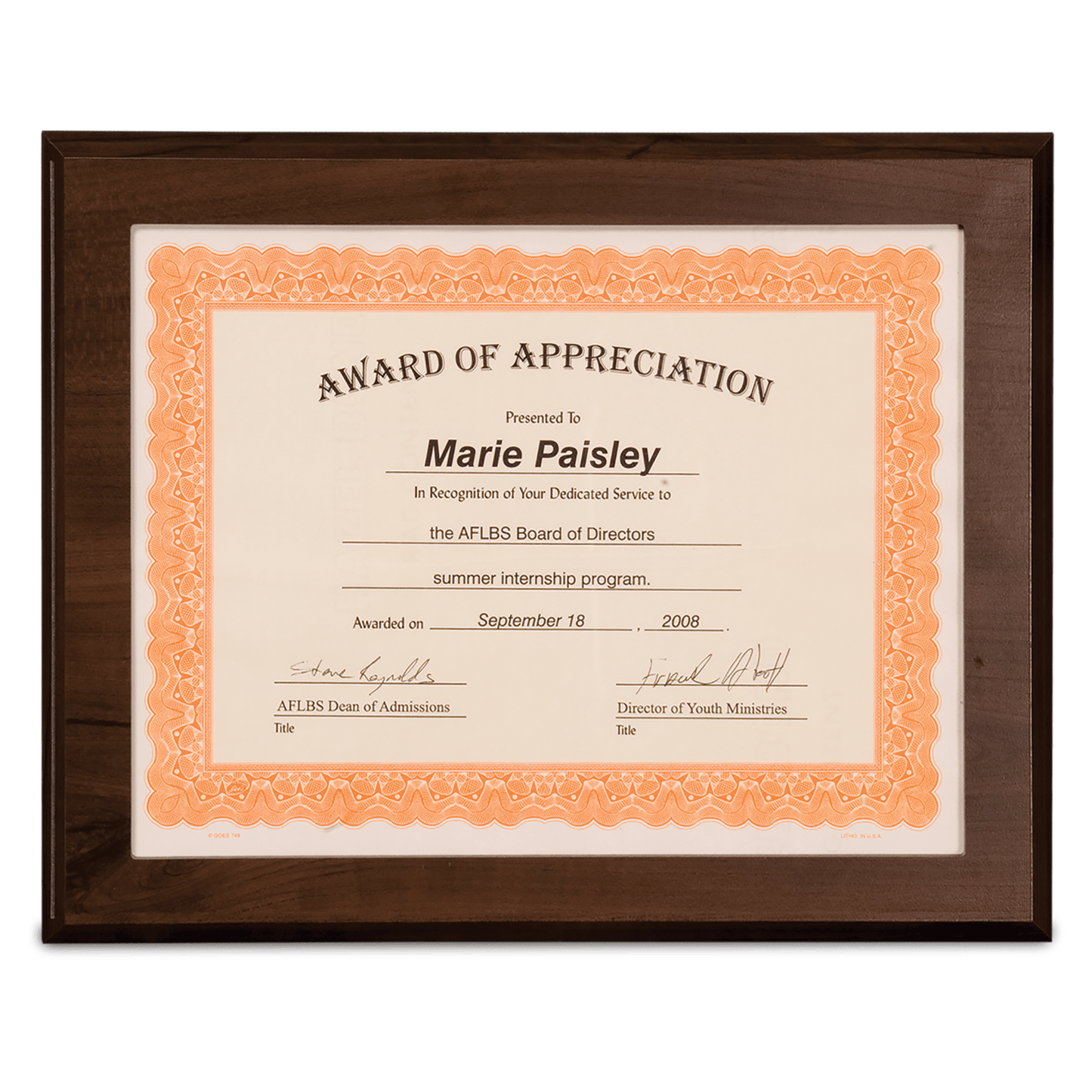 Certificate Slide-In Cherry Plaque 8.5" x 11" Window
