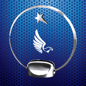 Clear round trophy with eagle and star with silver base
