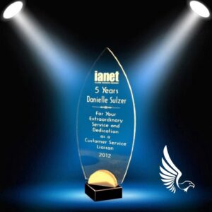 Surfboard-shaped flame award with clear etching