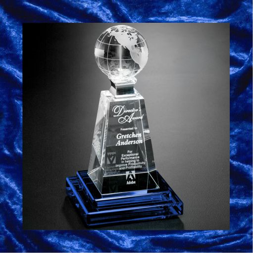 Blue trophy base with glass middle and globe top